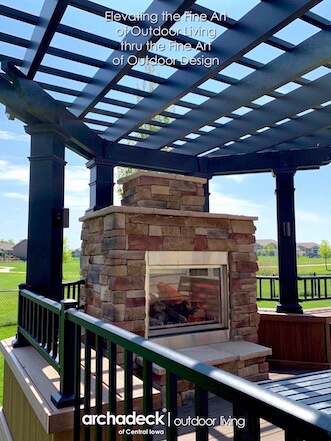 Custom outdoor space with pergola and outdoor fireplace