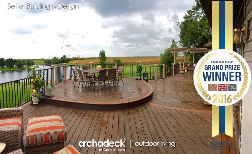 Custom curve wide deck with seating area overlooking lake