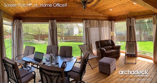 Custom screened porch looking like home office