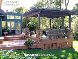 Custom backyard low deck with pergola and seating area