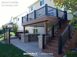 Custom elevated deck with black railing and staircase