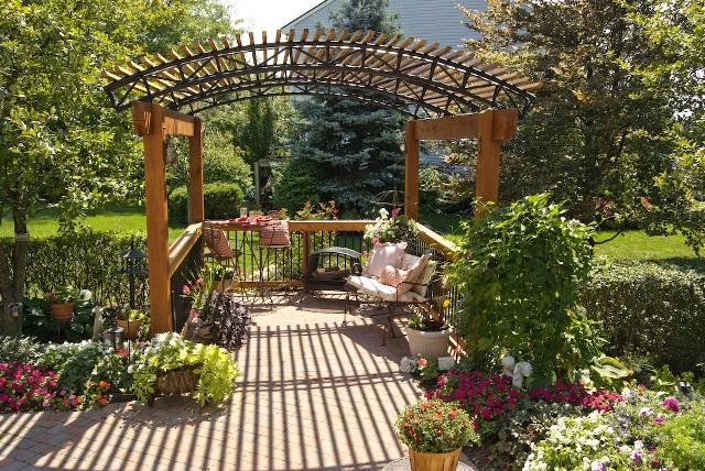 White pergola with lots of greenery and patio furniture