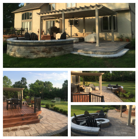 Multiple images of patios and fire pits