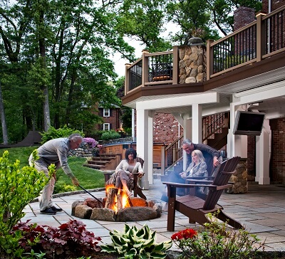 Family enjoying fire pit on patio