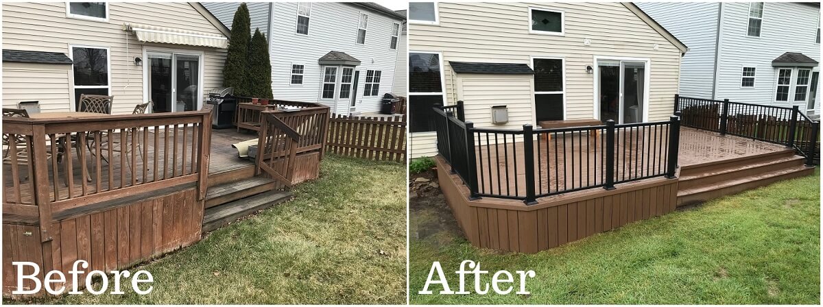 Before and after image of backyard wood deck