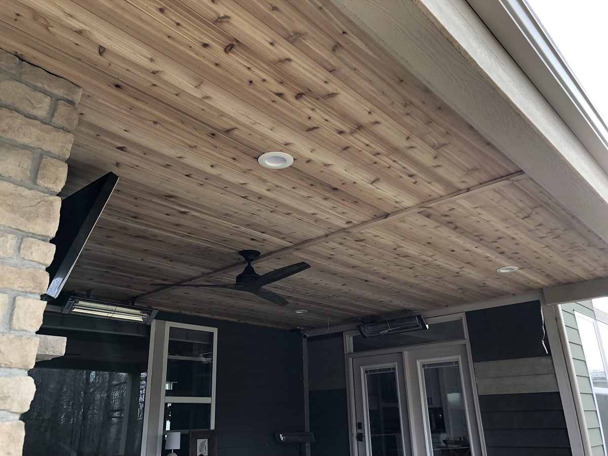 cedar tongue and groove ceiling with fan installed