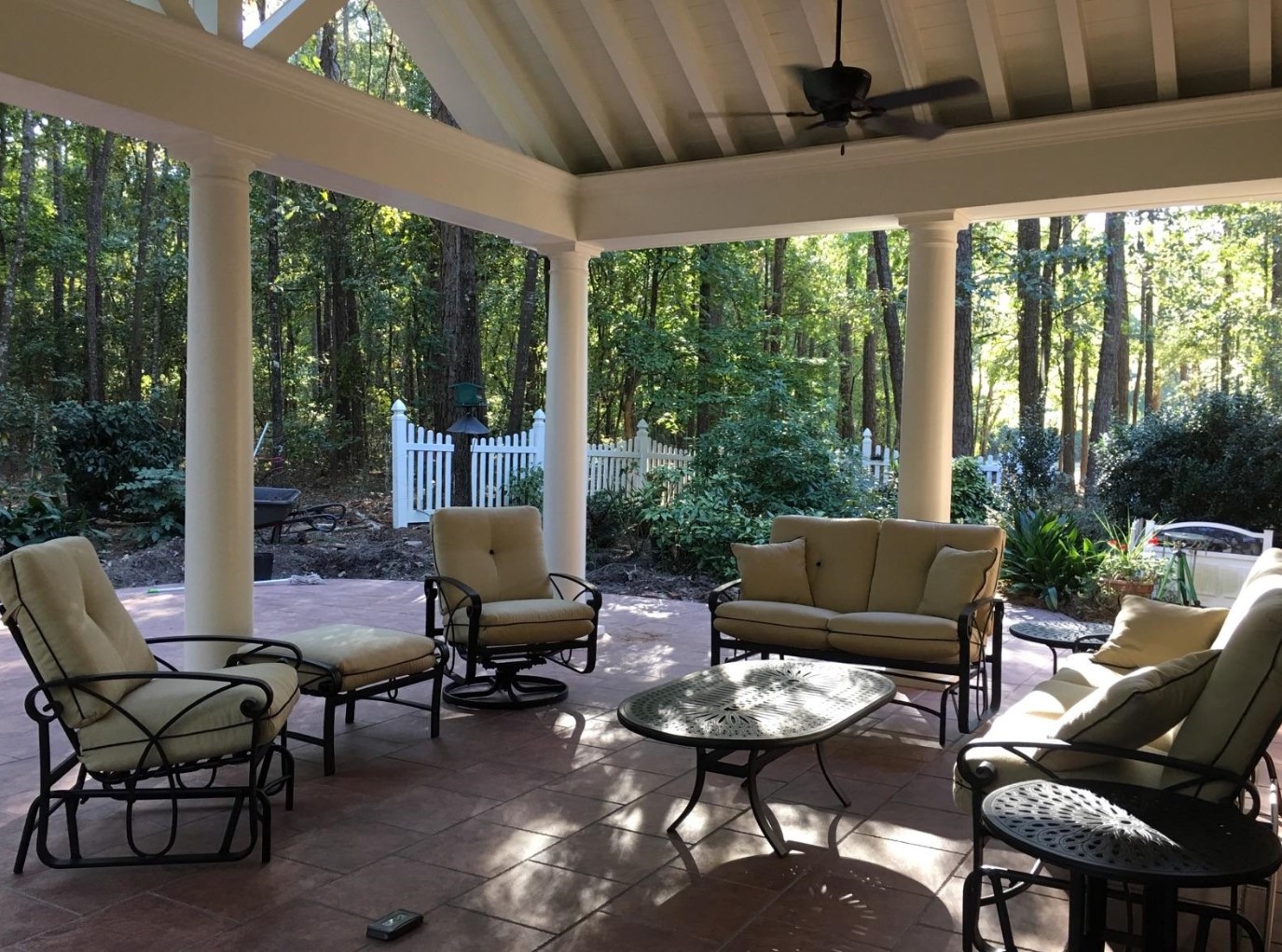 Seating area under covered patio 