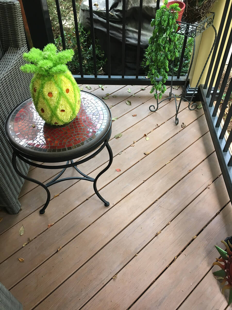 Pineapple plushie on small table on deck