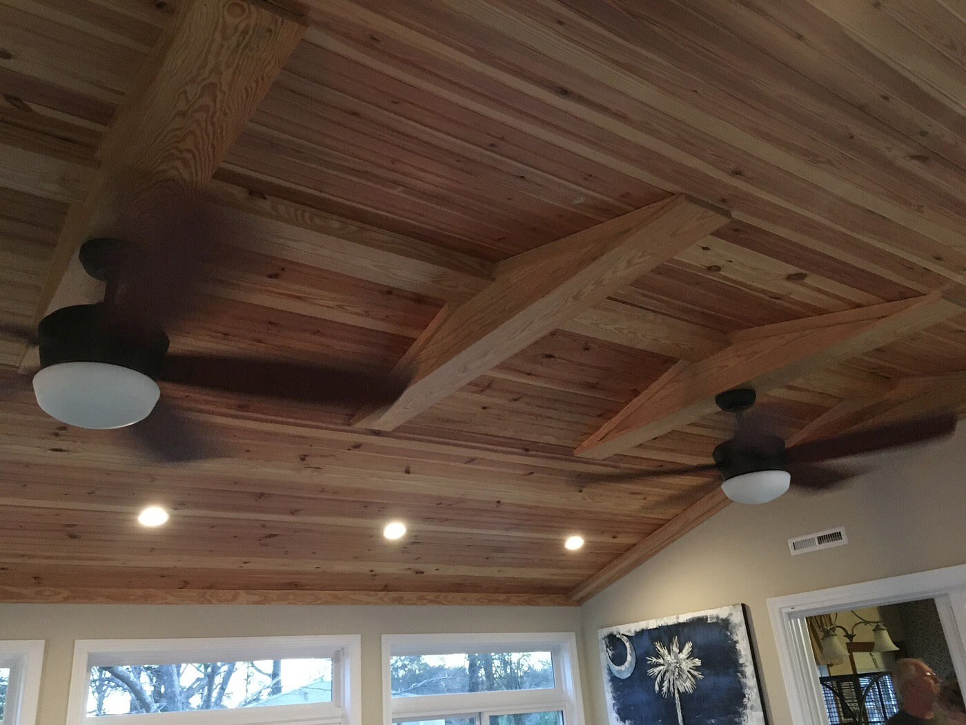 Sunroom ceiling with fan and lighting
