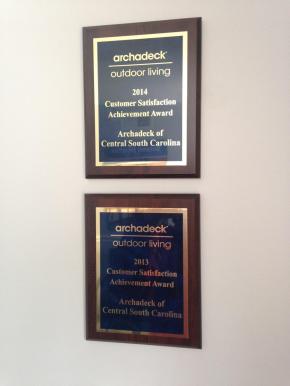 Archadeck of Central SC is awarded a customer satisfaction achievment award 