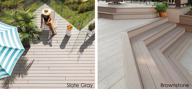 side by side image of AZEK Harvest slate gray and brownstone decking