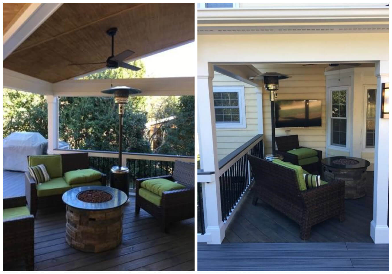 open porch with firepit, heating lamp and ceiling fan