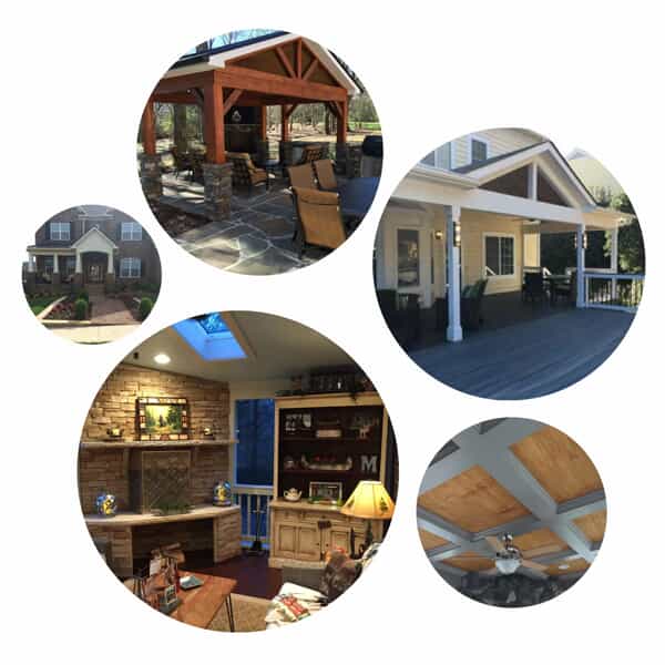 collage of 5 images showing various outdoor living structures i.e. a front porch and a backyard deck