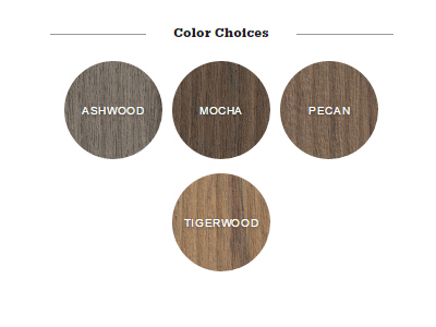 4 Color Options are shown: Ashwood, Mocha, Pecan, & Tigerwood