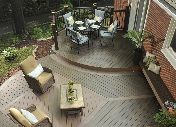 overhead view of TimberTech AZEK sustainable decking with a bench and chairs