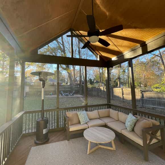 backyard porch with portable heater