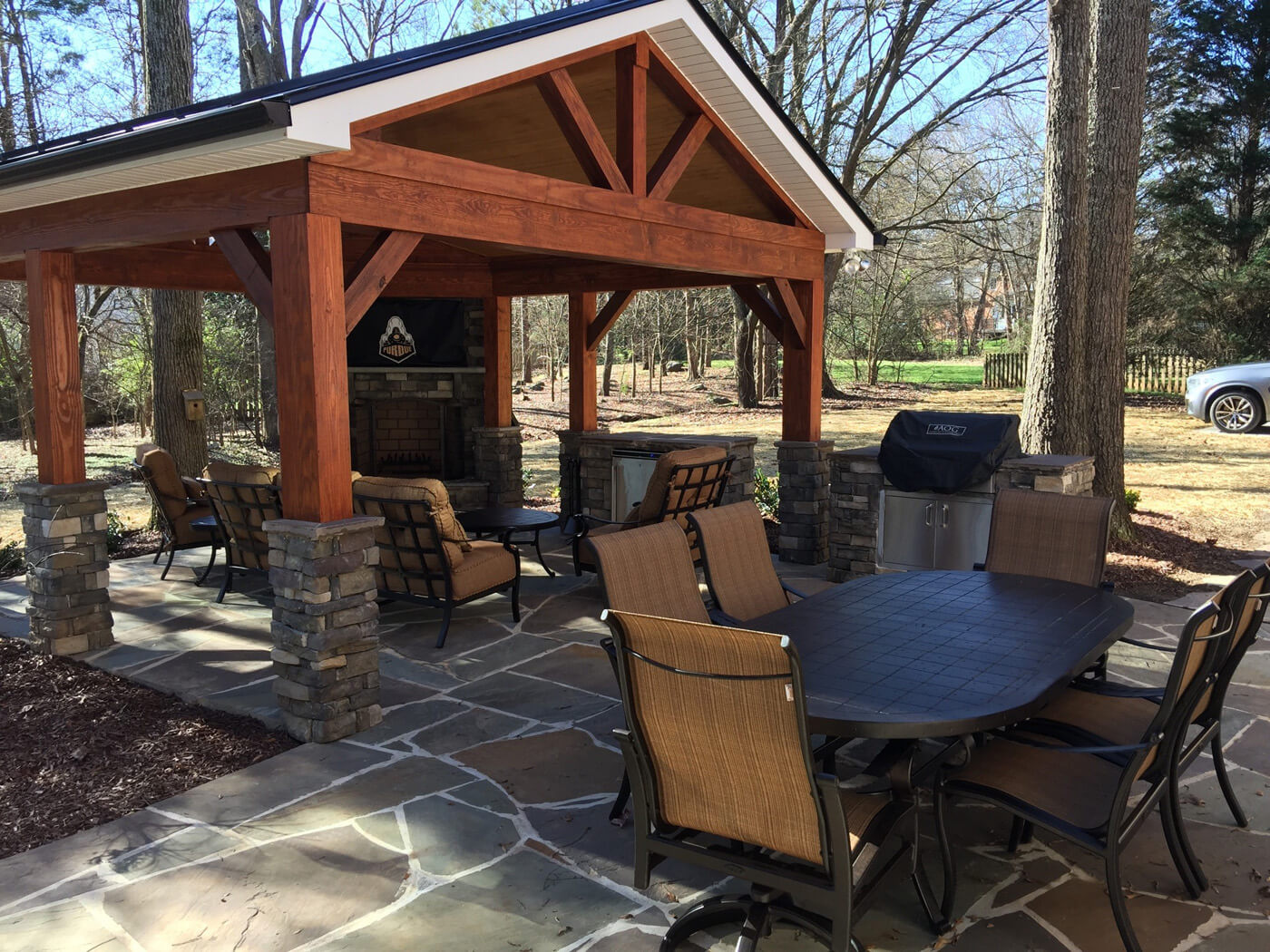 Custom covered patio with outdoor fireplace