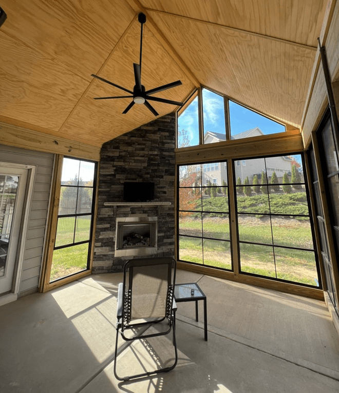 screened in porch with high ceilings 