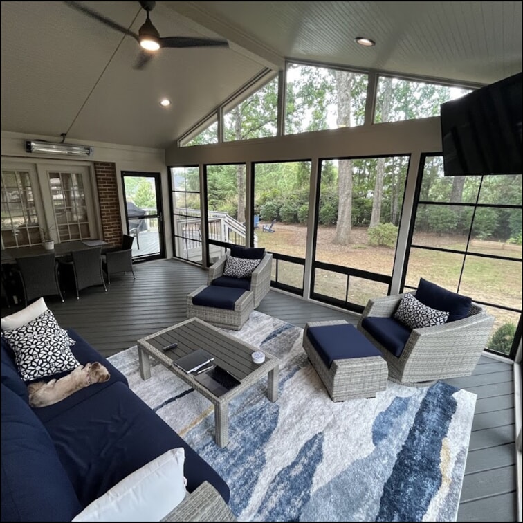 screened in porch with blue lounge furniture 