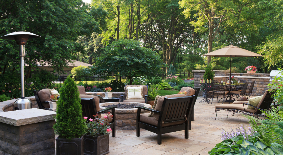 backyard with firepit and patio furniture