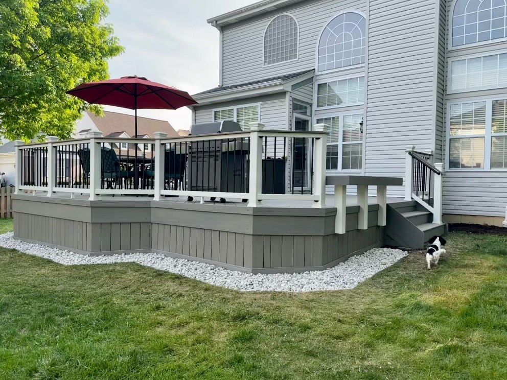 white and gray deck with umbrella