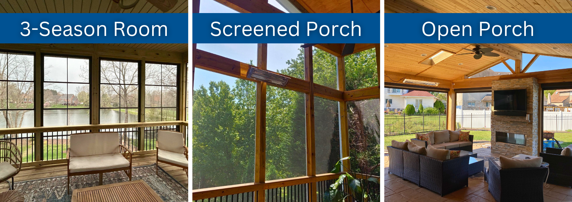3 season room, screened porch, open porch