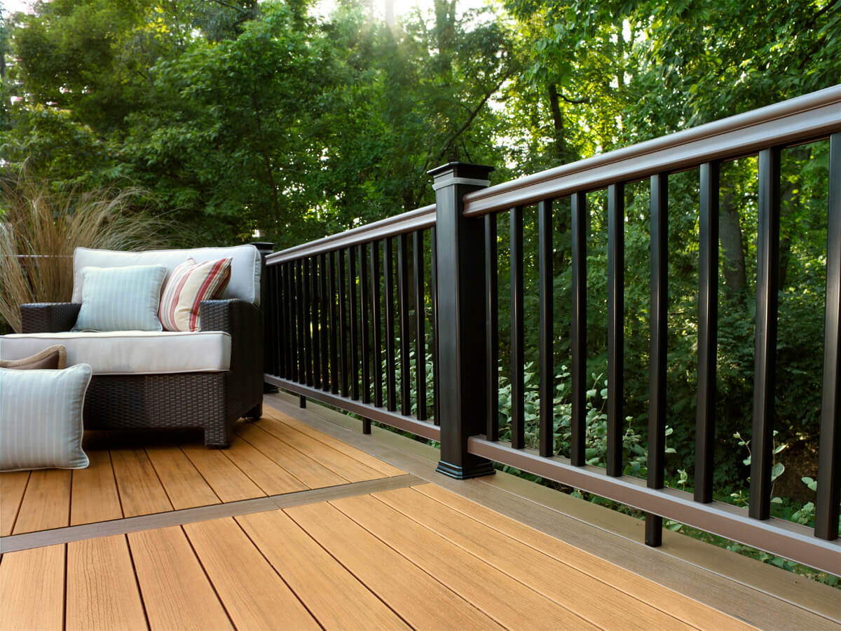 Custom wooden deck with black railings