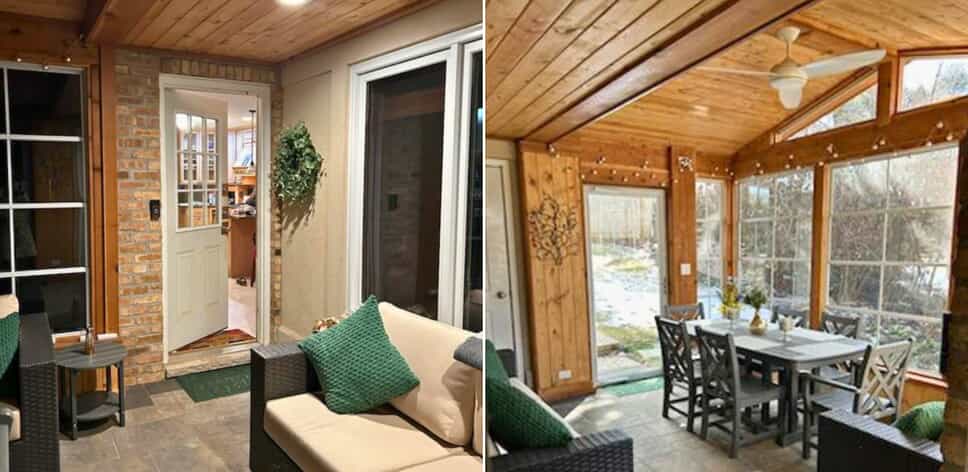 inside view of porch with cedar walls and furniture