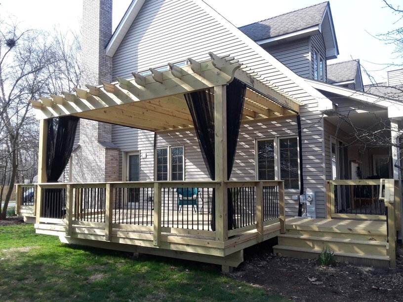 Pressure Treated Pine Deck with Pergola & Mosquito Curtains in Warrenville, IL