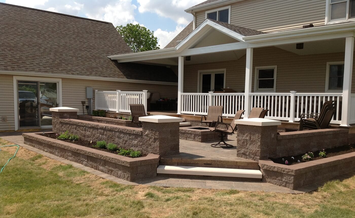 Patio with built in planters and steps