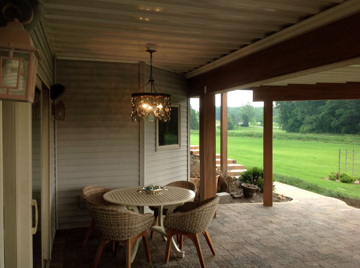 Covered patio with chandelier