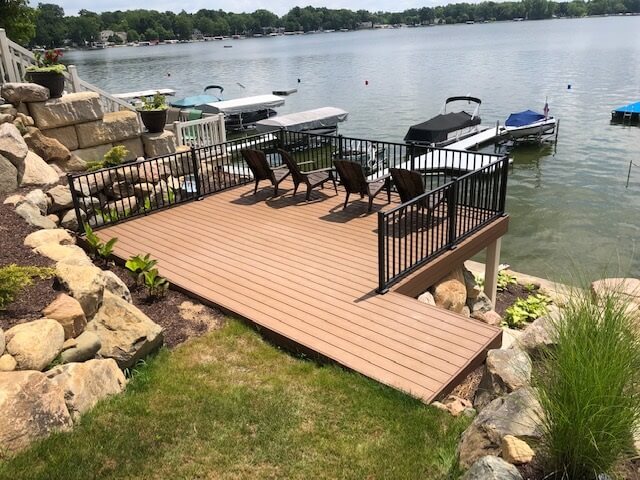 Custom lakeside deck with railing