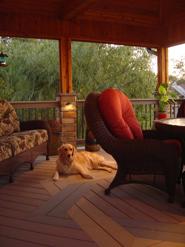 covered porch with dog and chairs