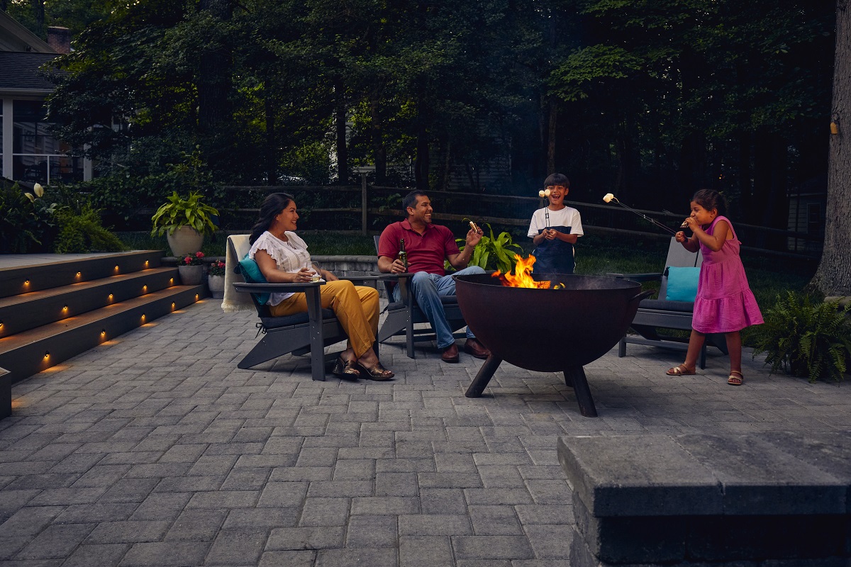 Family Around Patio with Fire Pit Combo