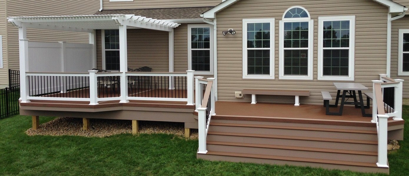 Combination space deck with covered patio and stairs.