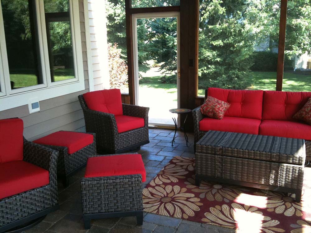 red couches on porch