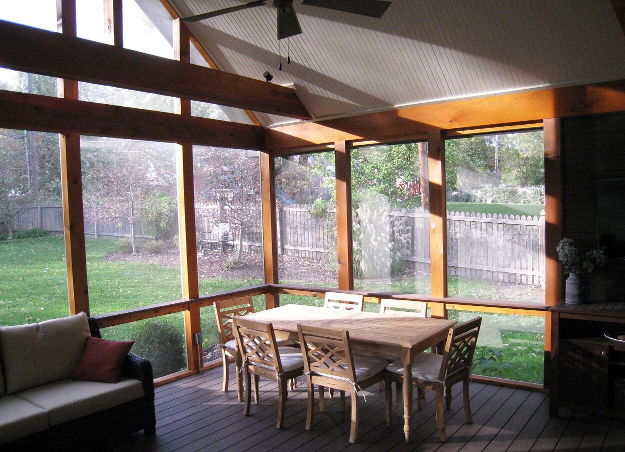 screened porch with AZEK synthetic flooring in Acacia