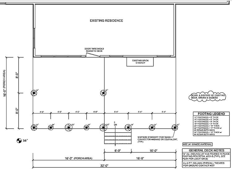 Screened porch and deck footings plan