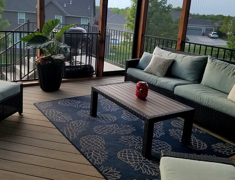 Screened porch and deck with railing
