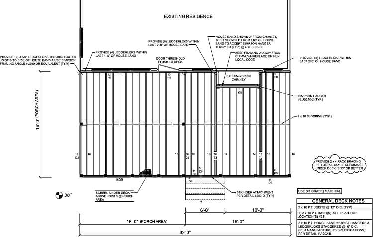Screened porch and deck framing plan
