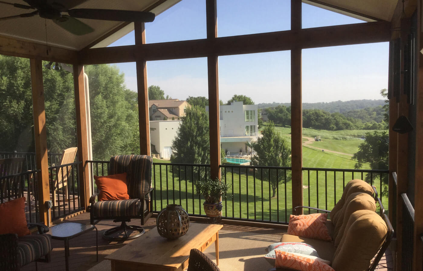 Custom screened porch with golf course view