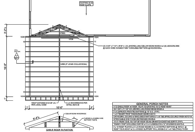 Screened porch roof framing plan