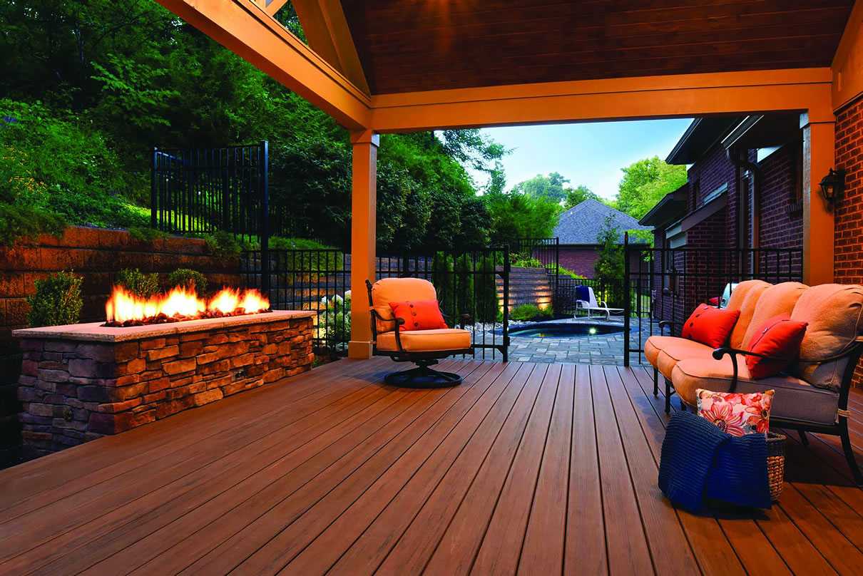 outdoor fireplace on AZEK covered deck