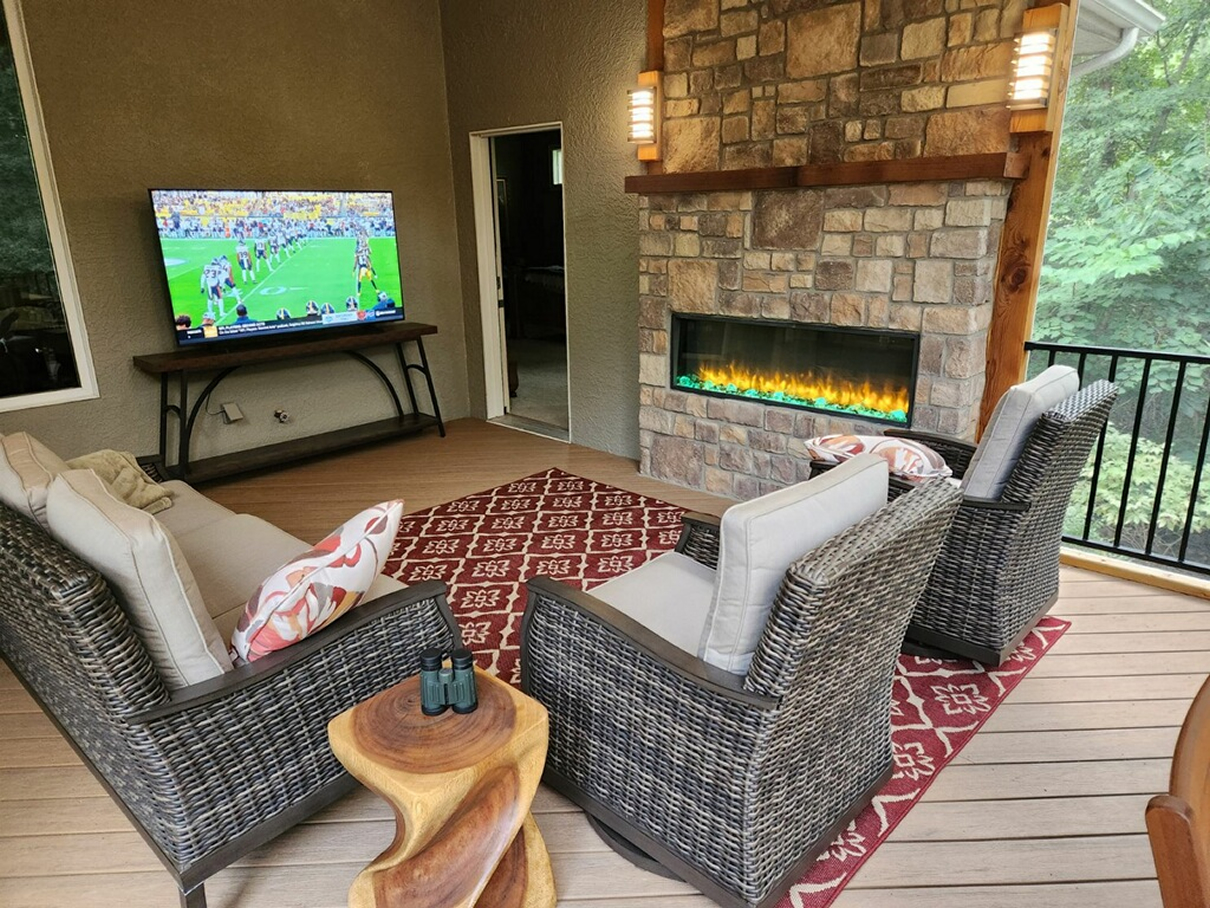 Parkville MO screen porch with electric fireplace