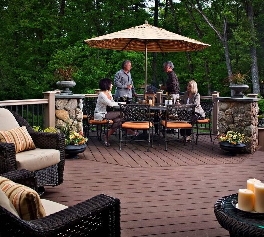 wood deck with people eating