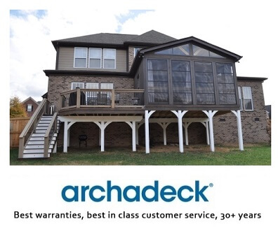 Archadeck logo with home with sunroom and patio