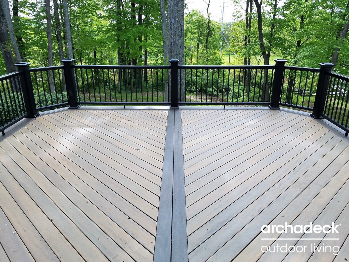 Deck with black railing and trees in the background
