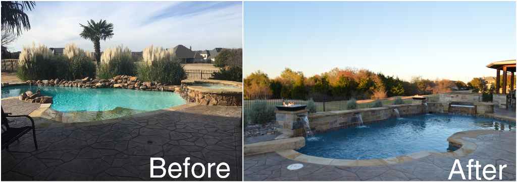 Outdoor backyard pool area before and after