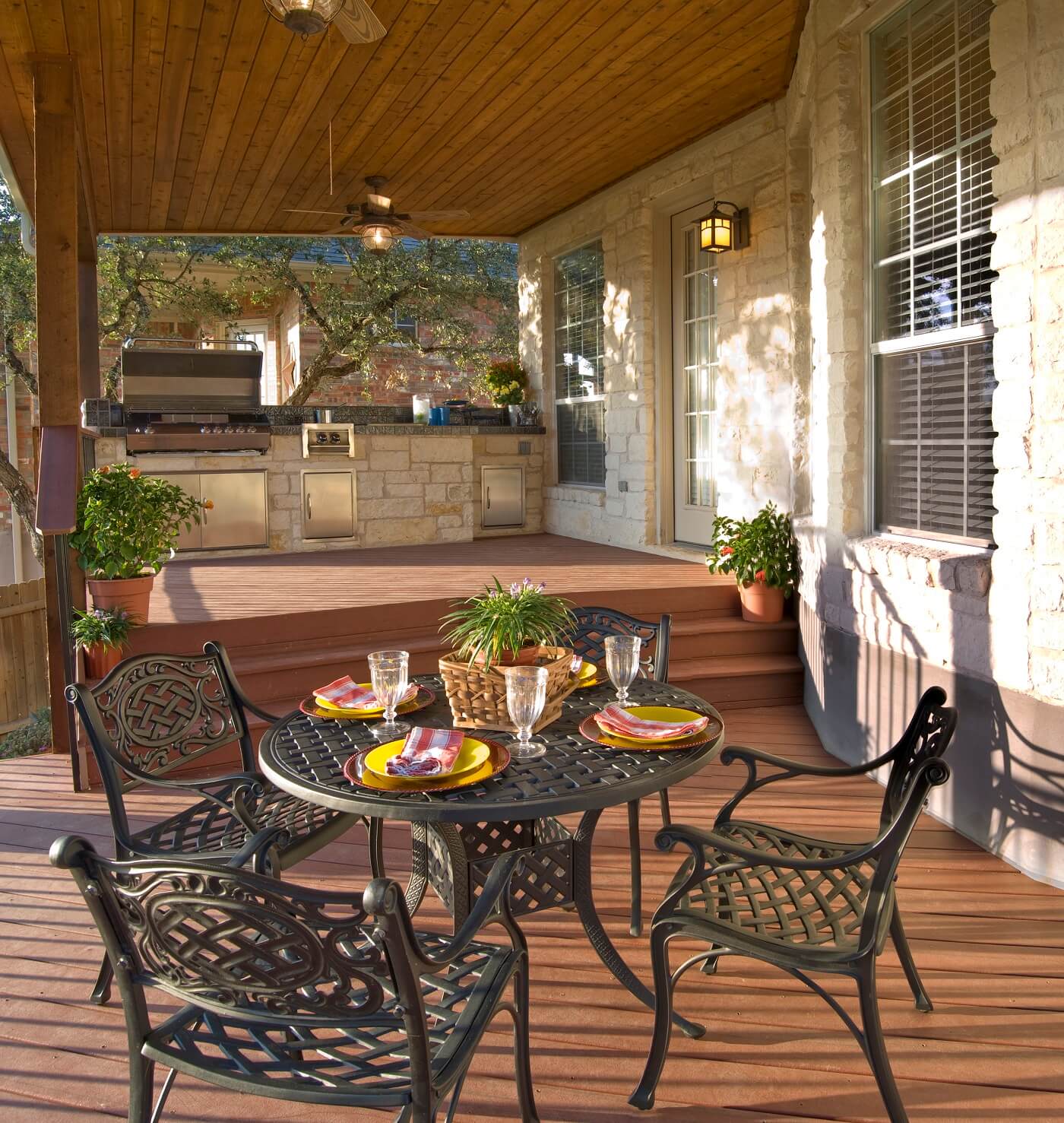 deck and porch with outdoor kitchen
