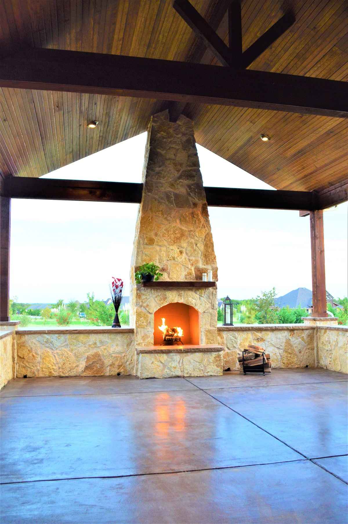Outdoor covered patio fireplace